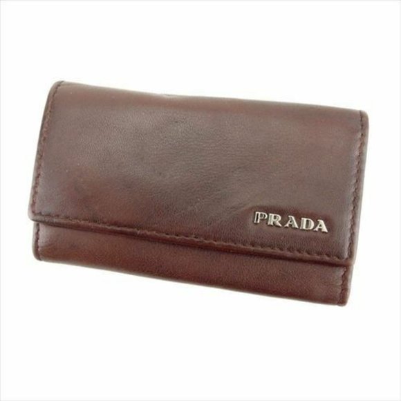 AUTH Prada Key case Key holder Logo Brown Silver leather Mens - Picture 1 of 8